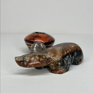 Brown and Gray Picasso Stone Bear Sculpture with Red and Blue Accents